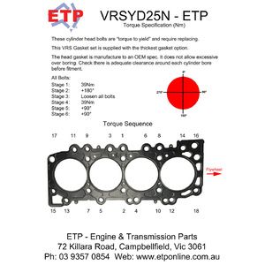 image of ETP Ultimate VRS Gasket Set and Head Bolt Set for Nissan YD25 2.5L Diesel (Early 4 Port Head)